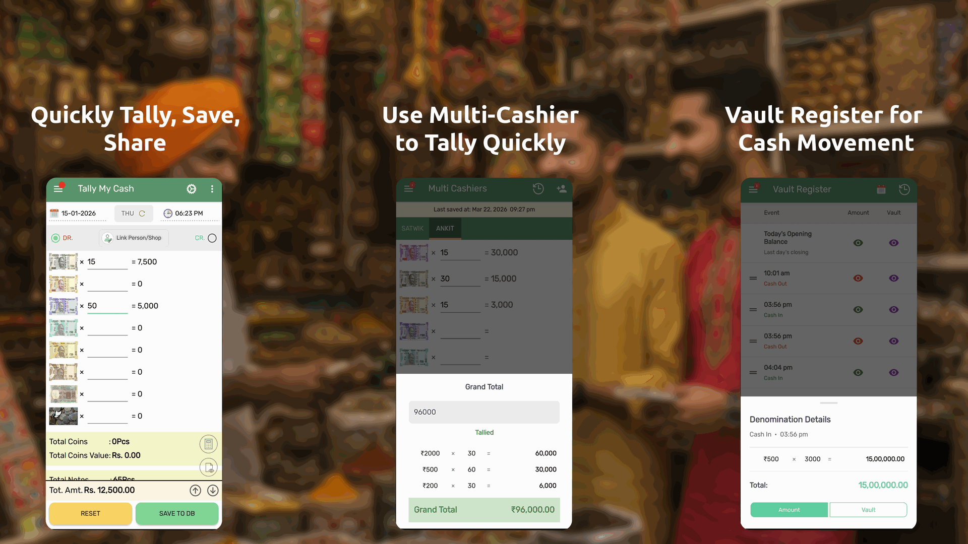TallyMyCash Cash Counter denomination tally, Multi-Cashiers screen, and Vault Register cash movement timeline