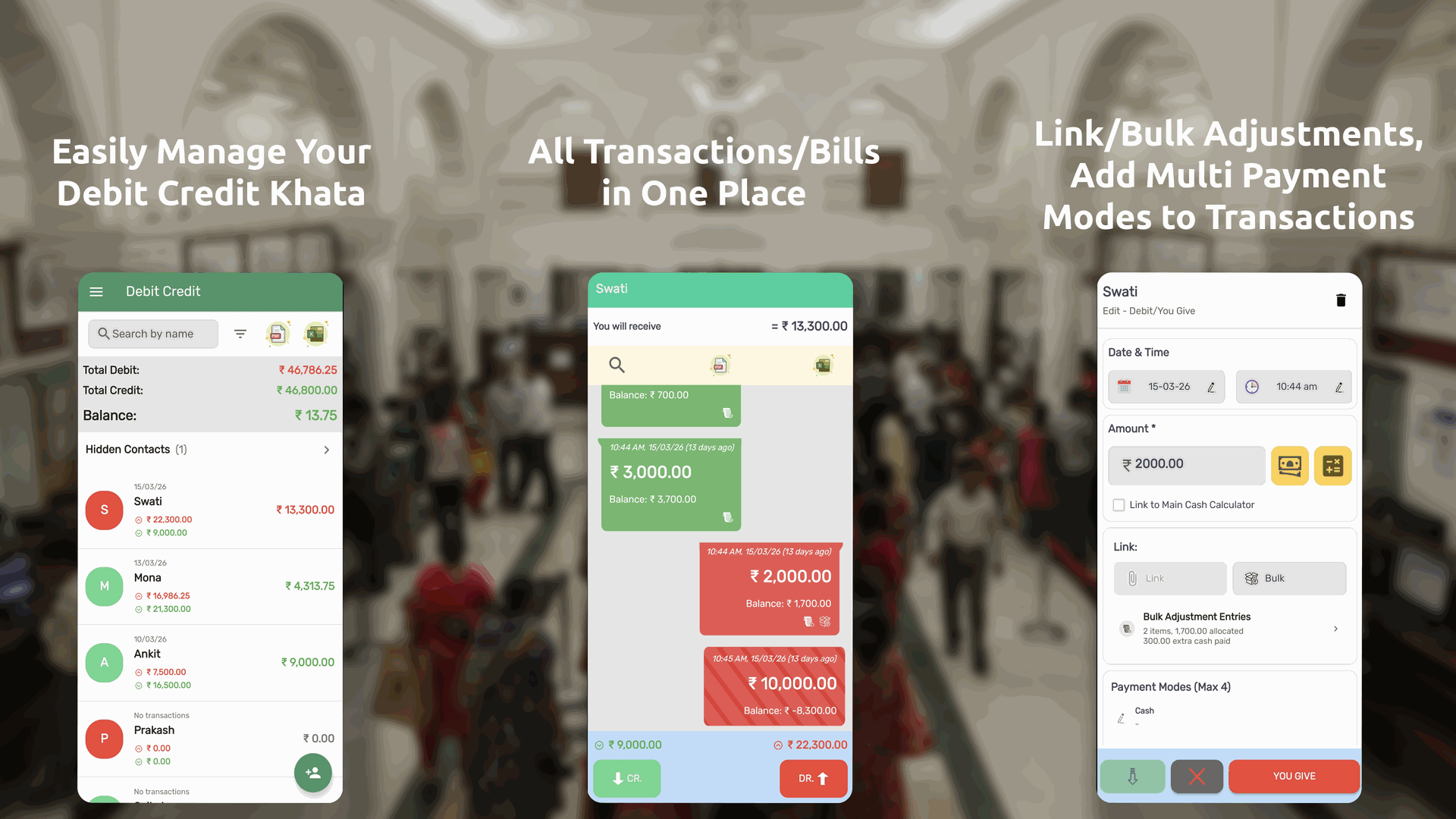 TallyMyCash Debit Credit Khata contact ledger, chat-style transaction view, bulk adjustments, and multi-payment modes