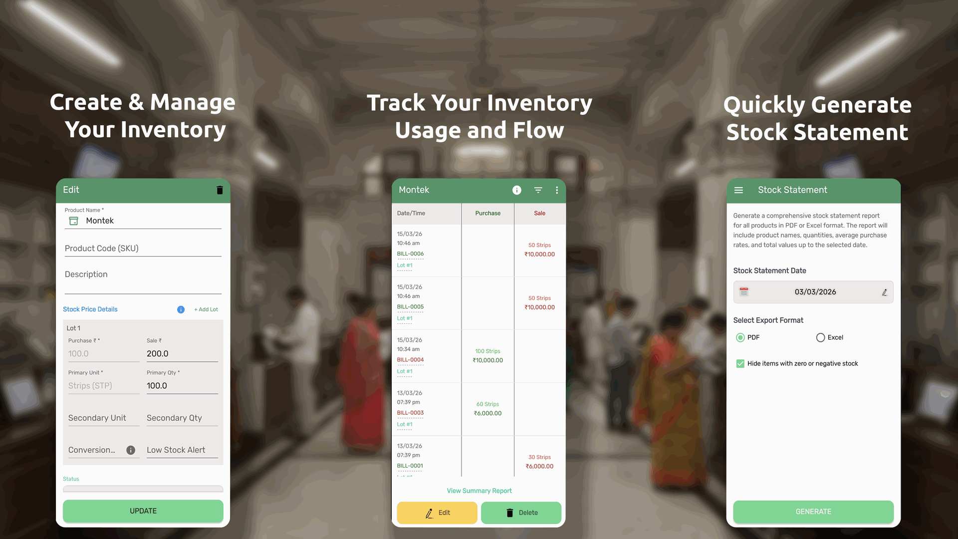 TallyMyCash Stock Inventory management with batch lots, product ledger, and PDF or Excel Stock Statement generator