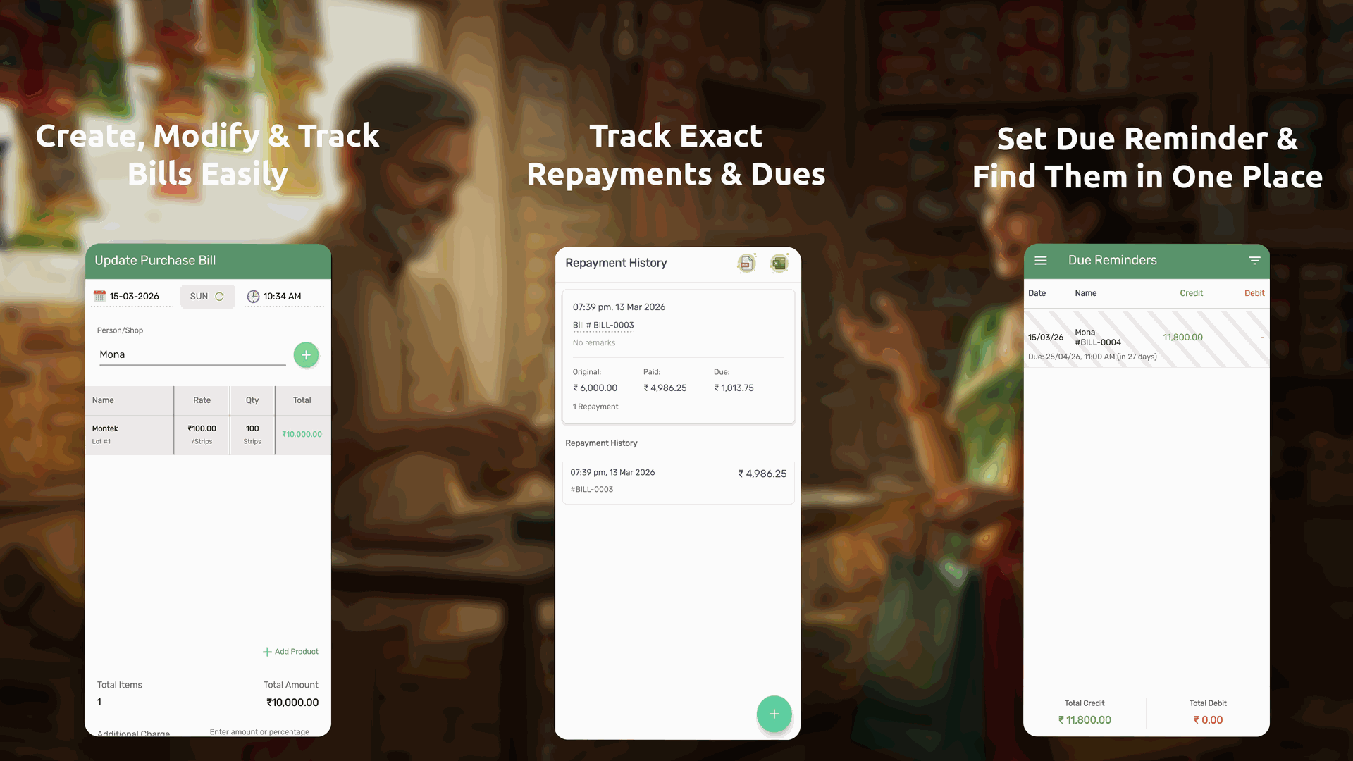 TallyMyCash Sales and Purchase Bills, Repayment History tracking, and scheduled Due Reminders