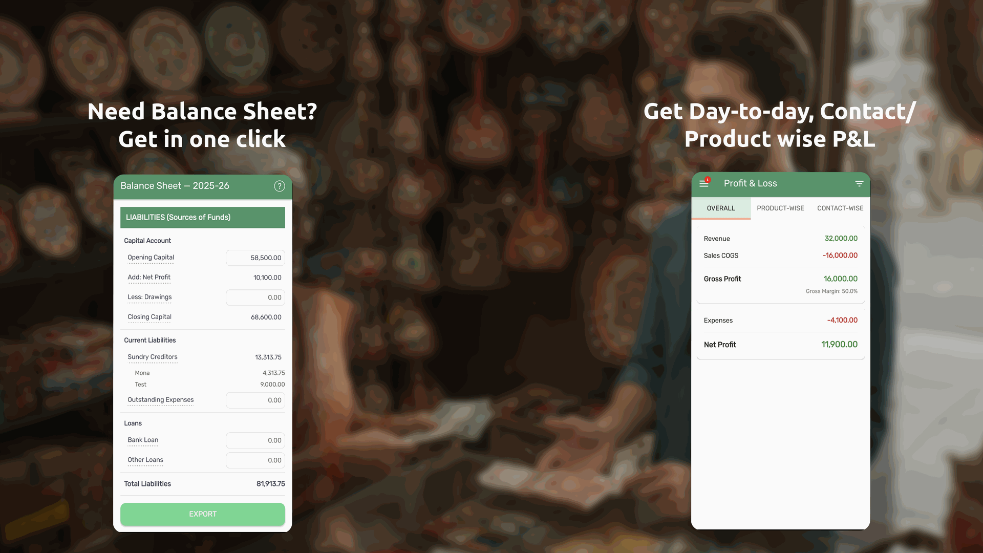 TallyMyCash Financial Year Balance Sheet and Overall, Product-wise, and Contact-wise Profit and Loss reports
