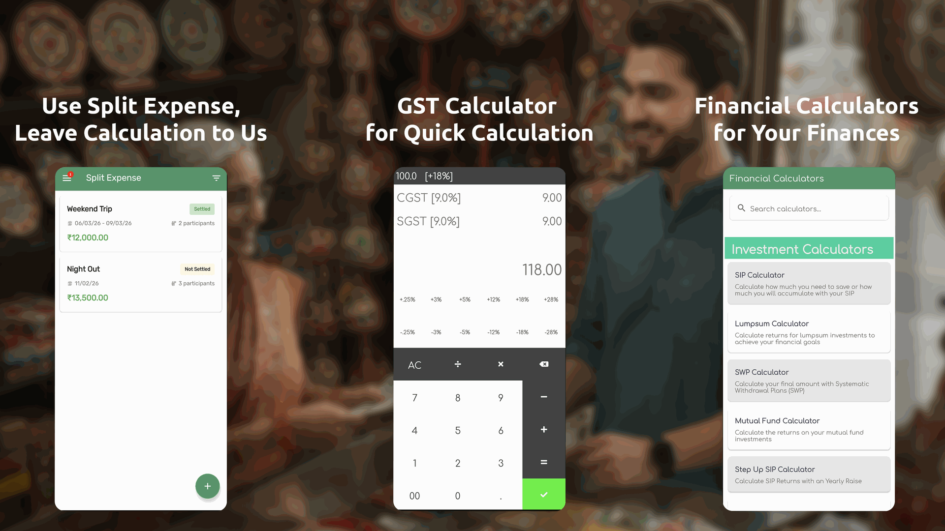 TallyMyCash Split Expense group tracker, GST Calculator, and Financial Calculators directory