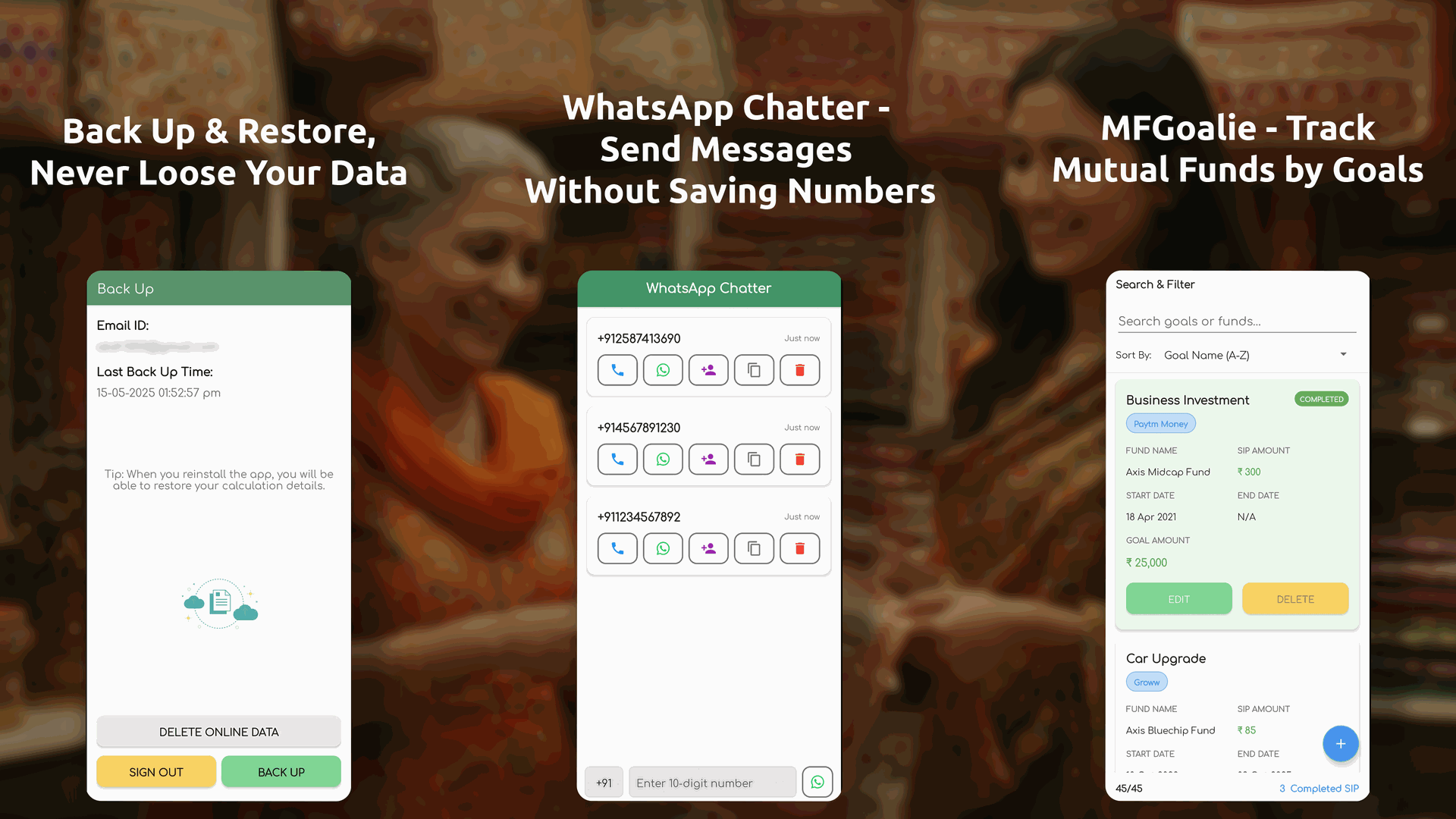 TallyMyCash Cloud Back Up and Restore, WhatsApp Chatter for unsaved numbers, and MF Goalie mutual fund goal tracker